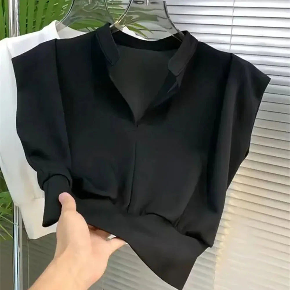 High Waist Sleeveless V-Neck T-Shirt – Casual Solid Color Top