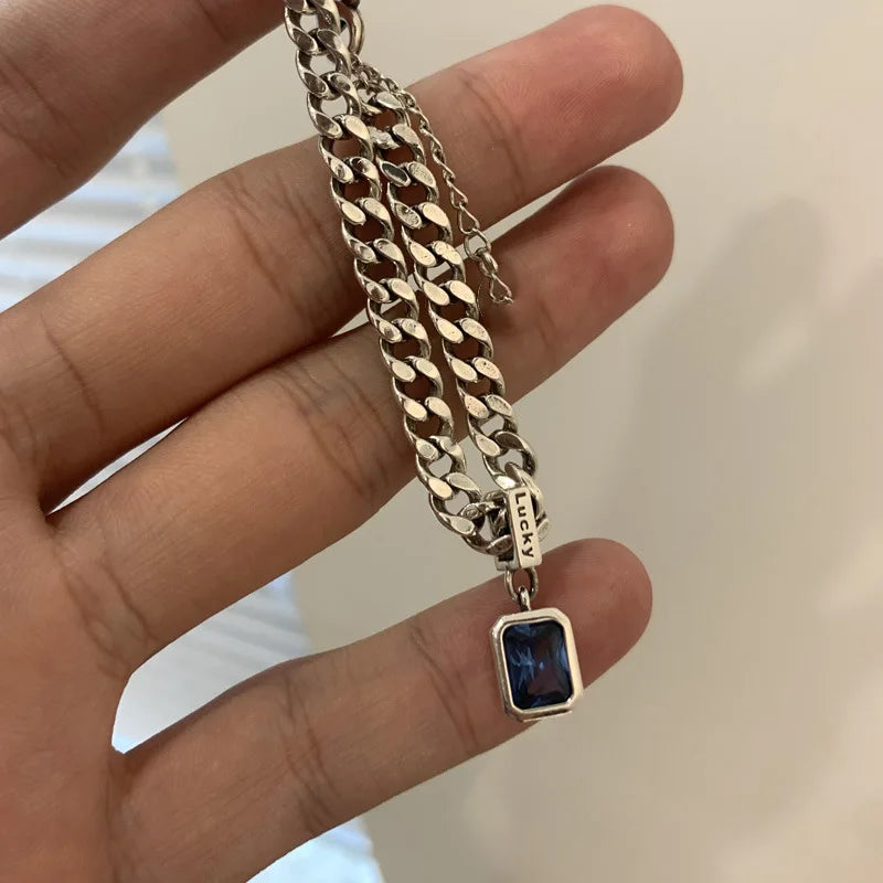 925 Sterling Silver Square Blue Crystal Bracelet