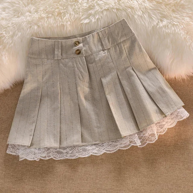 Khaki Lace Trim Button-Up Mini Skirt – High Waist Preppy Look