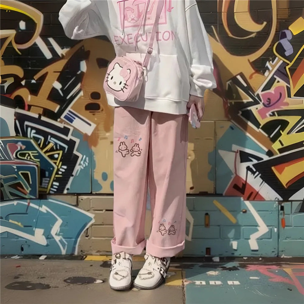 Pink Print Pants – Spring Cartoon High Waist Trousers