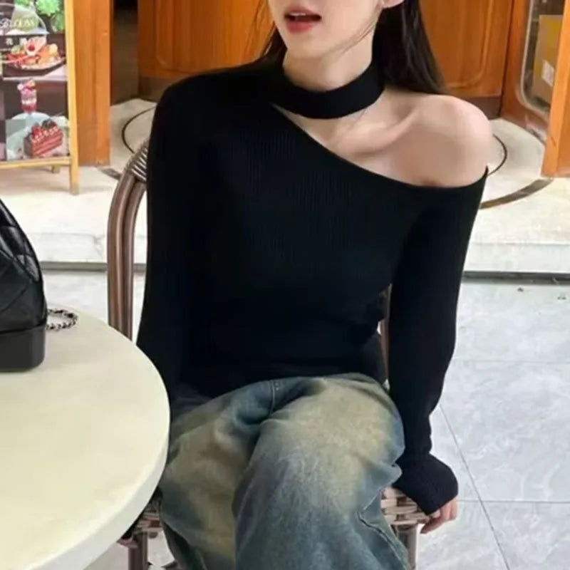 Off-Shoulder Long Sleeve Sweater – Solid Basic Knit