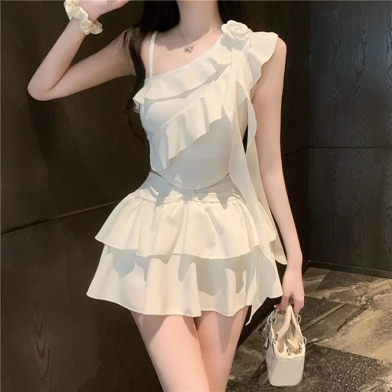 Off-Shoulder Ruffle Mini Skirt Set – Chiffon Crop Top Two-Piece