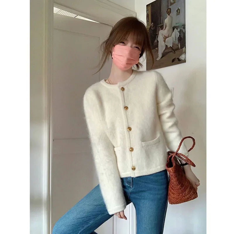 White Knit Coat – Single-Breasted Round Collar Jacket