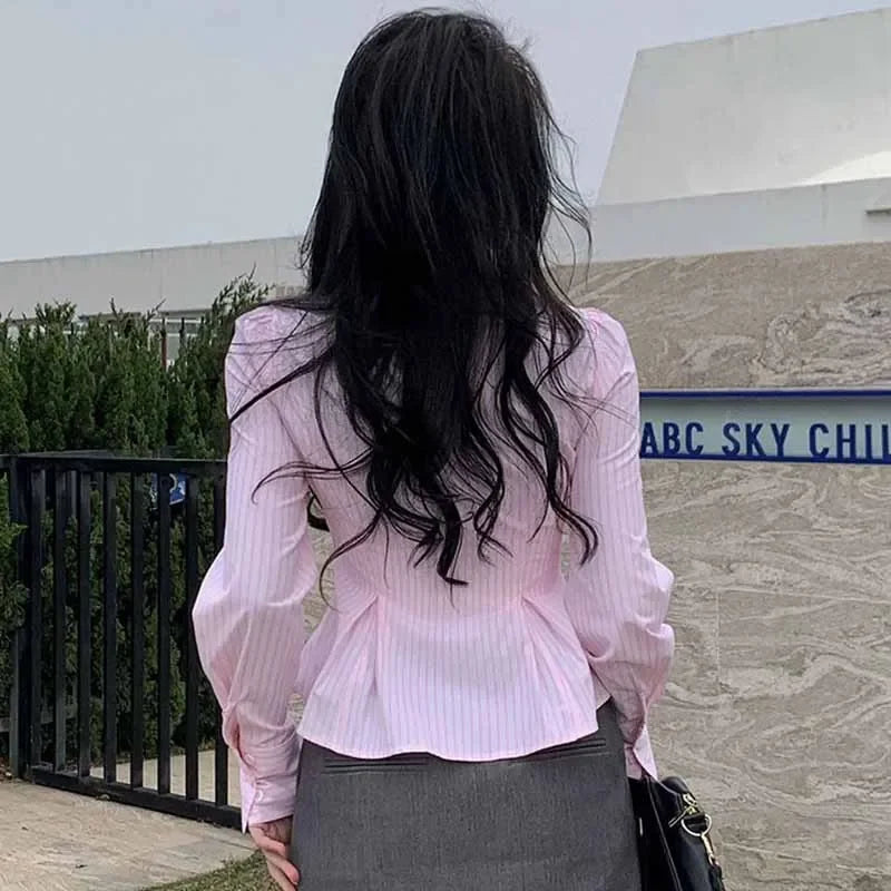 Pink Striped Shirt – V-Neck Folded Crop Top