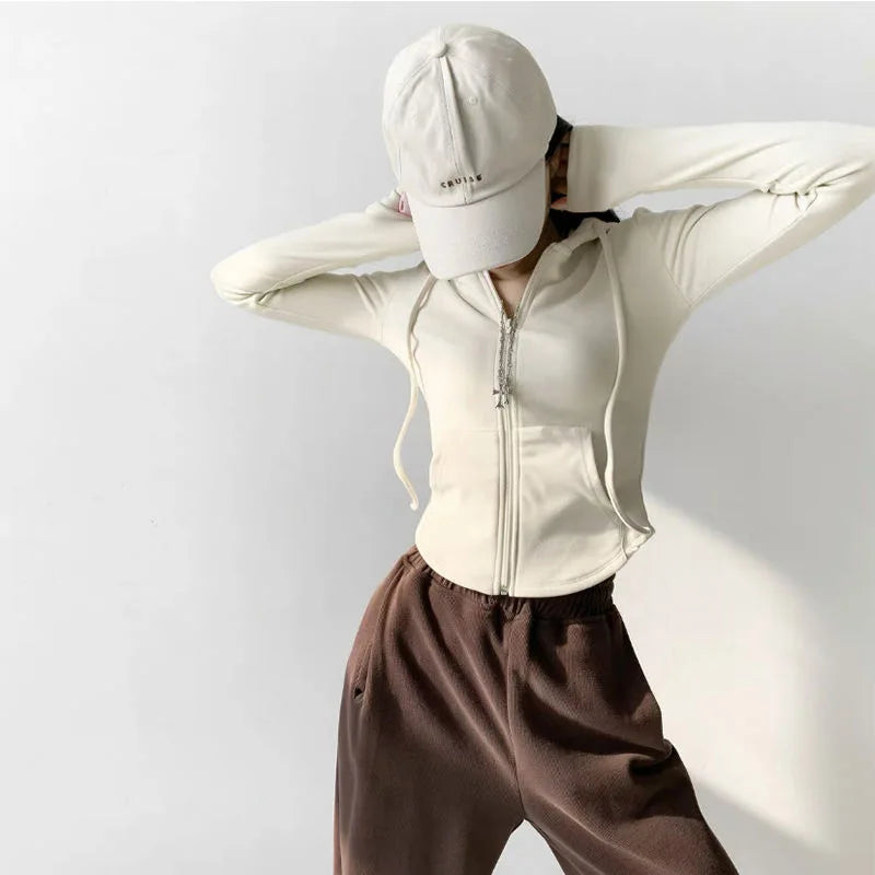 Zip-Up Hooded Knit Cardigan – Short Slim Fit for Fall