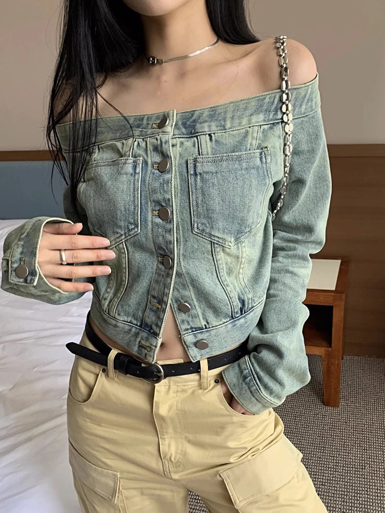 Off-Shoulder Button Jean Shirt – Casual Denim Style