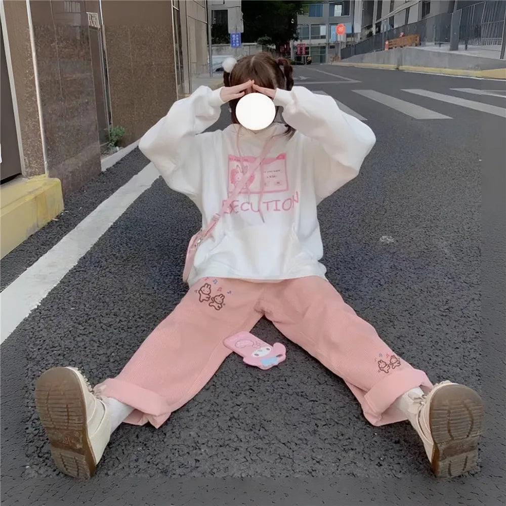 Pink Print Pants – Spring Cartoon High Waist Trousers