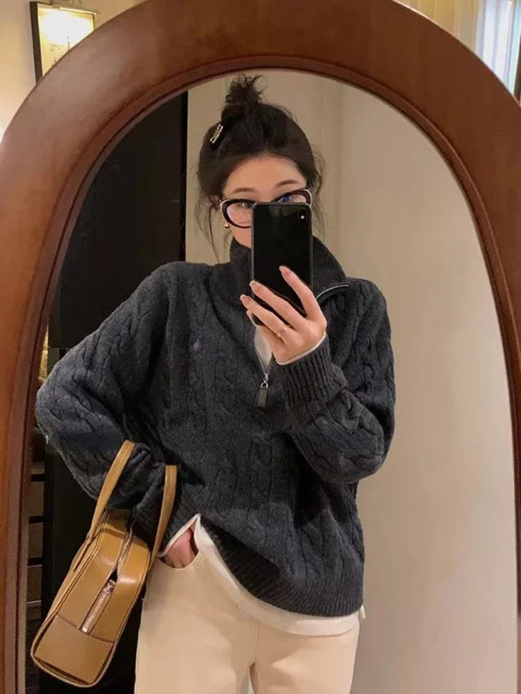Vintage Knitted Pullover – Zipper Solid Sweater