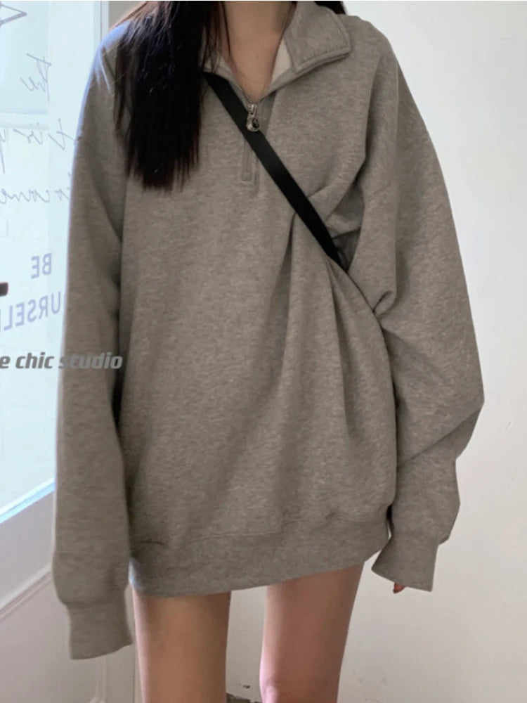 Vintage Oversized Sweatshirt – Zip Polo Collar Pullover
