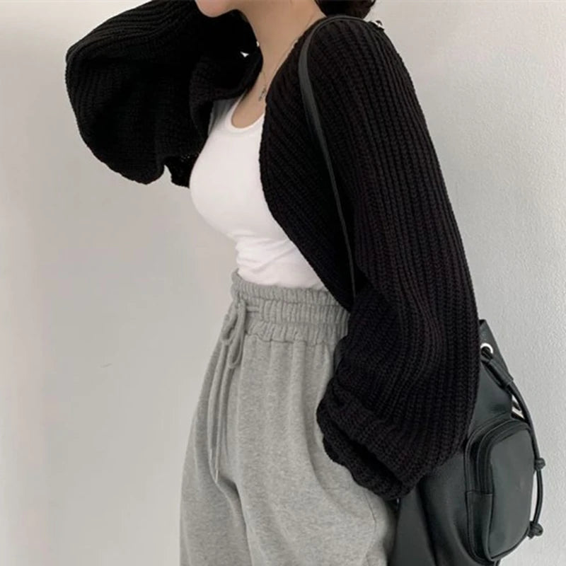 Slim Short Knit Cardigan – Lantern Sleeve Crop Fit