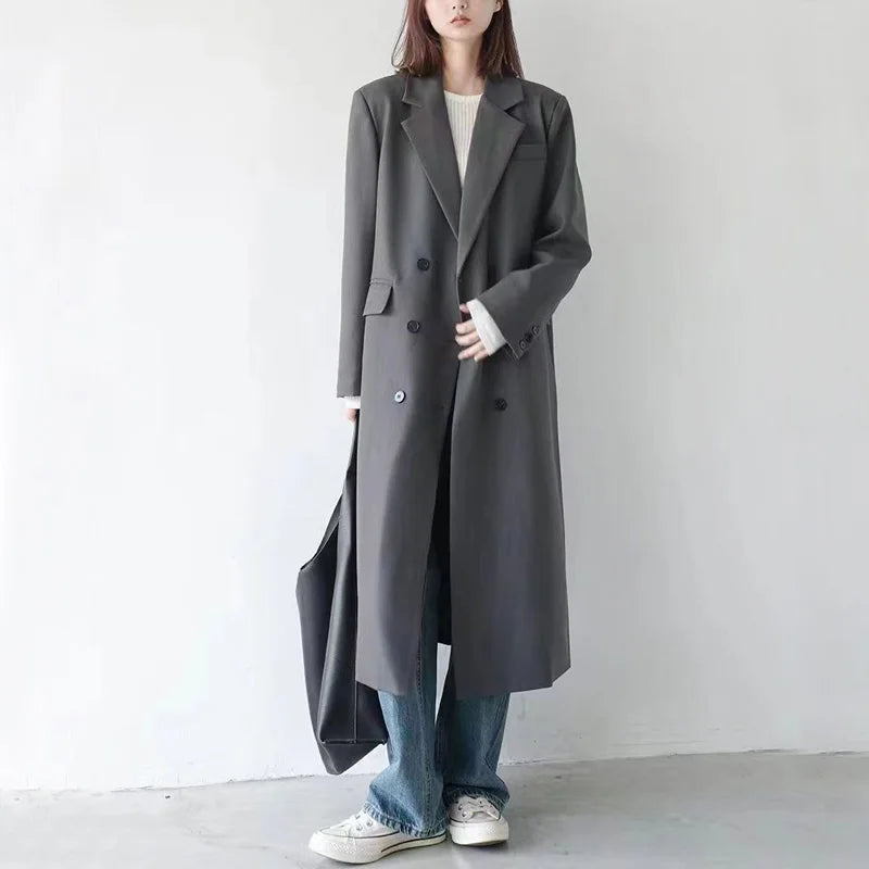 Elegant Long Blazer – Office Double-Breasted Fit