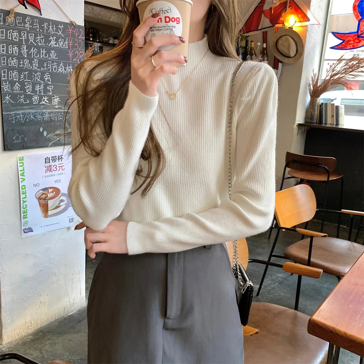 Puff Sleeve Knit Sweater – Half-High Collar, Loose Fit