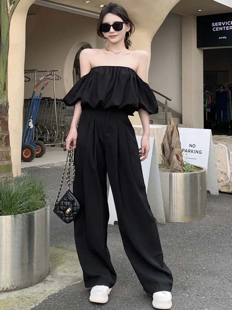 Two-Piece Set – Strapless Crop Top & Wide-Leg Pants, Summer Casual
