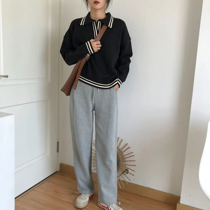 College-Style V-Neck Knit Sweater
