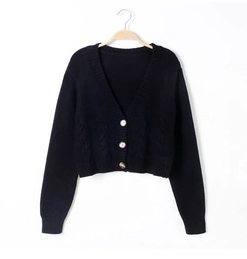 Cropped V-Neck Knit Cardigan – Twist Pattern Fall Style