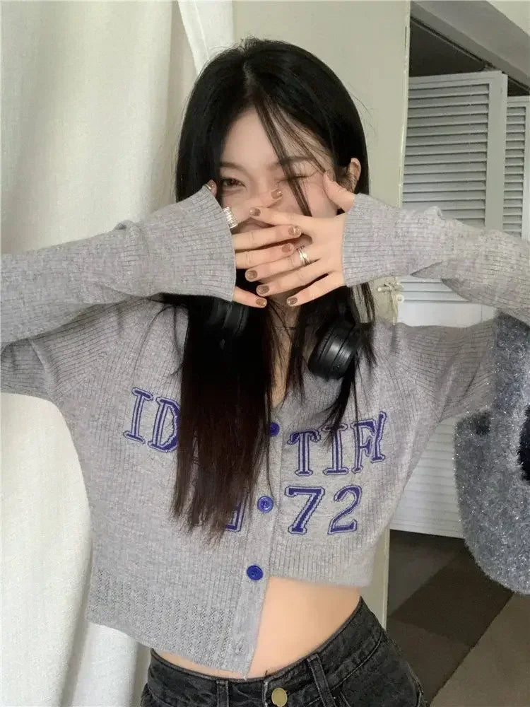 Cropped V-Neck Knit Cardigan – Slim Kpop Grunge Style