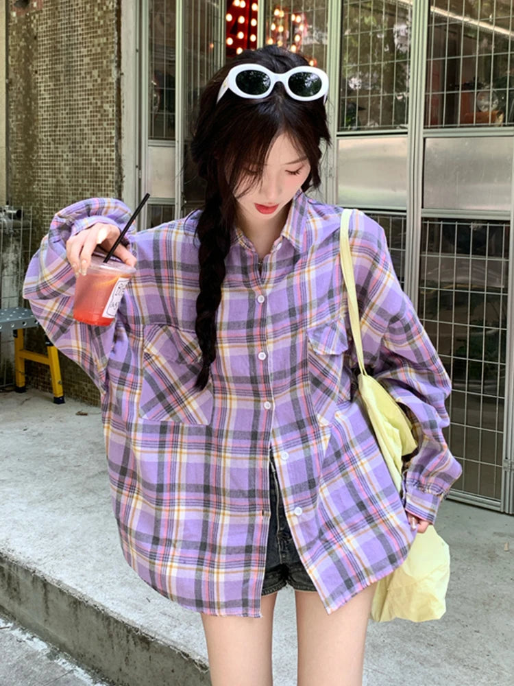 Retro Purple Plaid Oversize Blouse – Loose Street Style