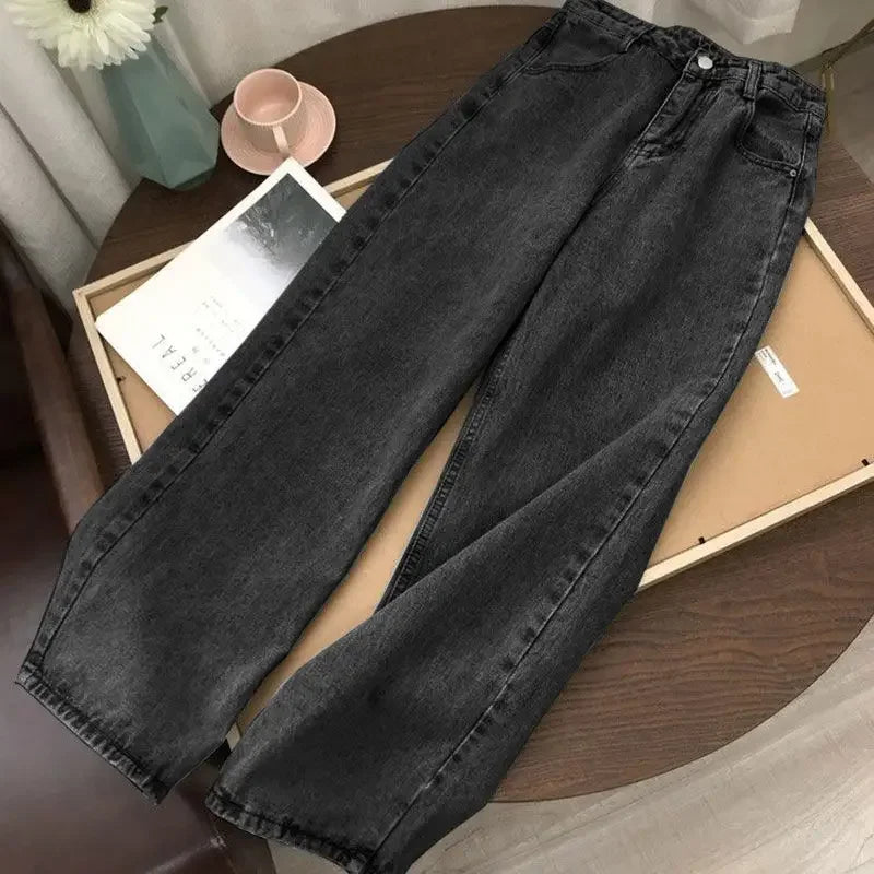Light Blue Denim Trousers – Vintage Wide Leg Straight Long Pants with Belt