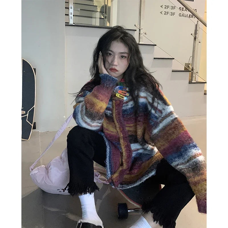 Vintage Striped Knit Cardigan – Patchwork Knit Streetwear