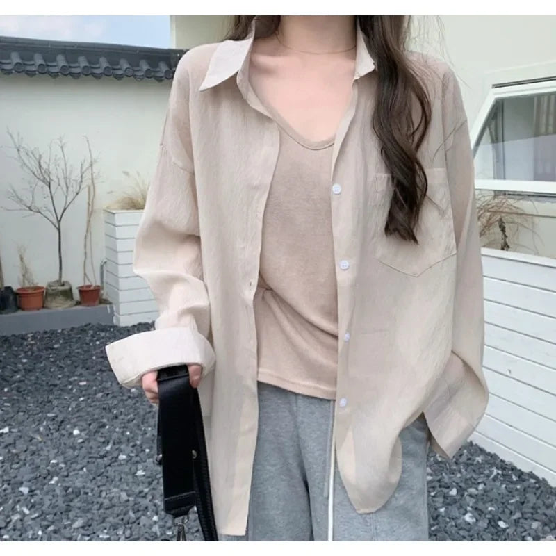 Sheer Knit Blouse – See-Through Loose V-Neck Top