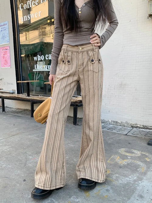 Khaki Slim Flare Jeans – High Waist Casual Pants for Women