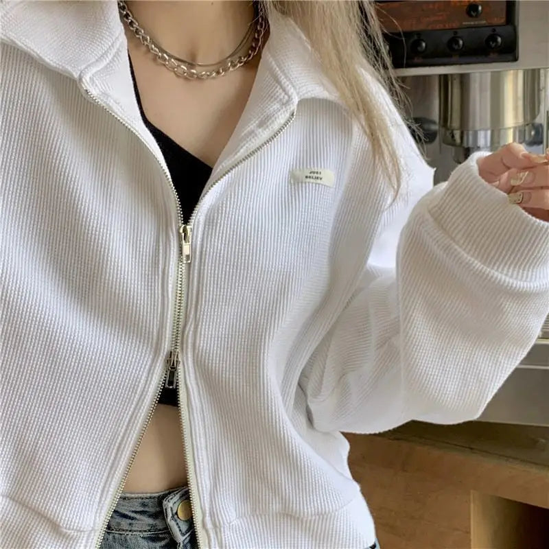 Zip-Up Crop Jacket – Casual Turn-Down Collar