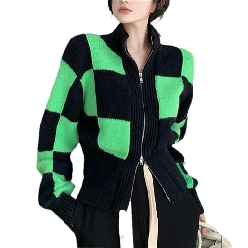 Turtleneck Crop Knit Cardigan – Vintage Plaid Zip Style