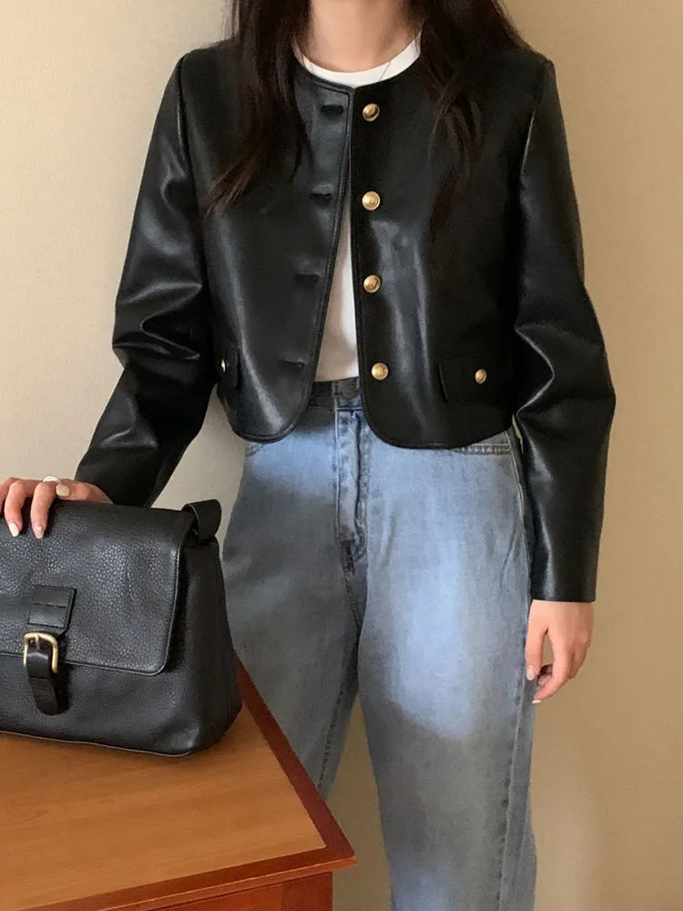 Black Leather Jacket – Vintage O Neck Street Style