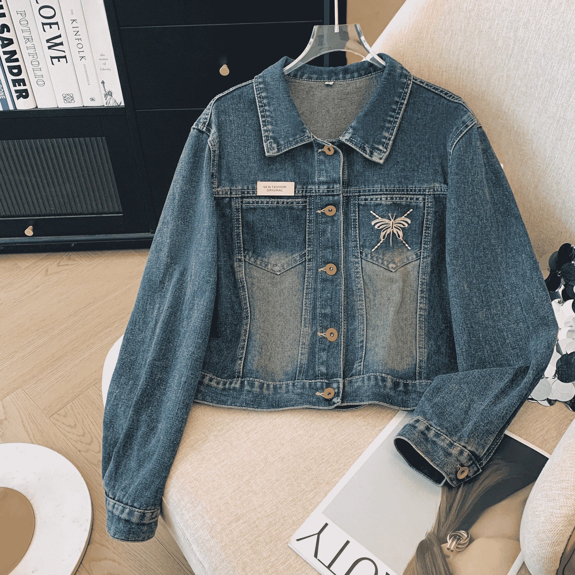 Blue Denim Short Coat – Pocket Detail & Classic Style