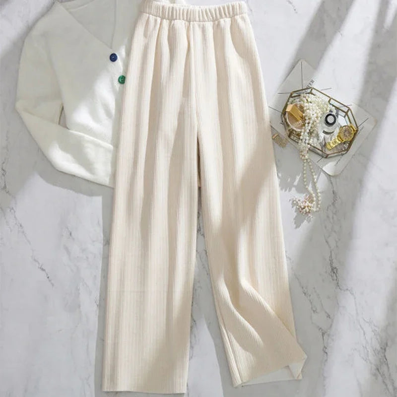 Warm Velveteen-Lined Wide-Leg Pants – High-Waist, Winter Casual