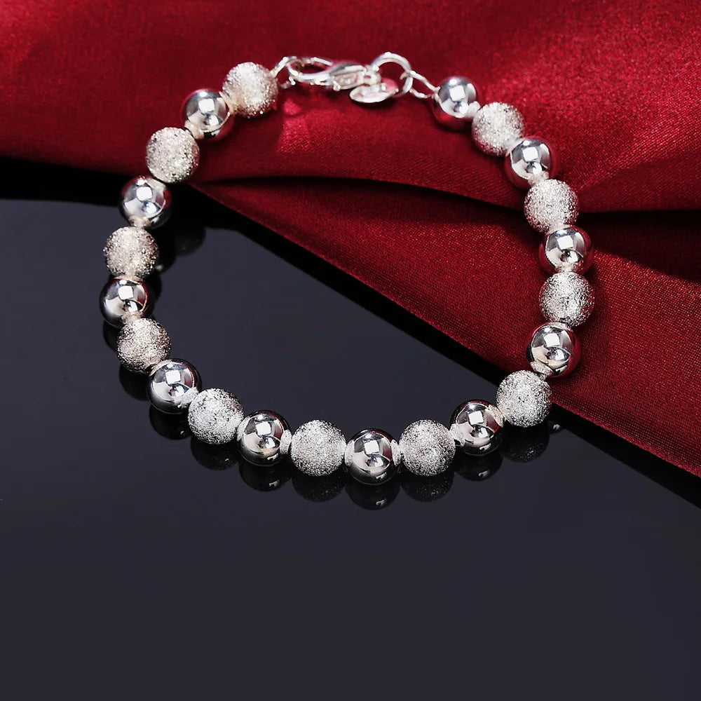 925 Sterling Silver 8MM Sanding Bright Bead Bracelet
