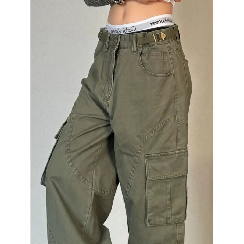 Green Vintage Cargo Pants – Multiple Pockets Baggy Hip Hop Style