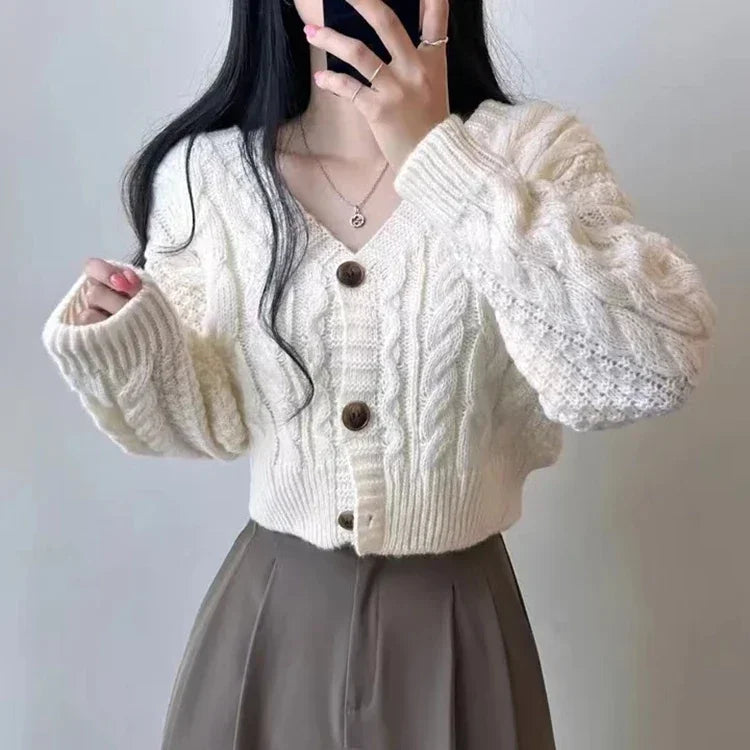 Lantern Sleeve Sweater Cardigan – Cropped Knit Top