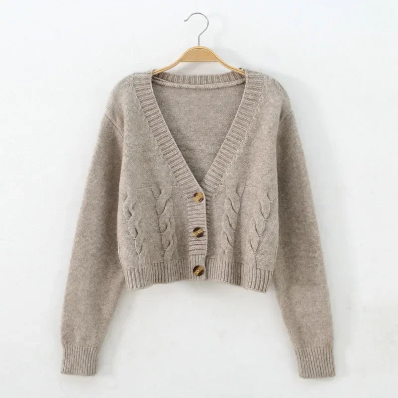 Cropped V-Neck Knit Cardigan – Twist Pattern Fall Style