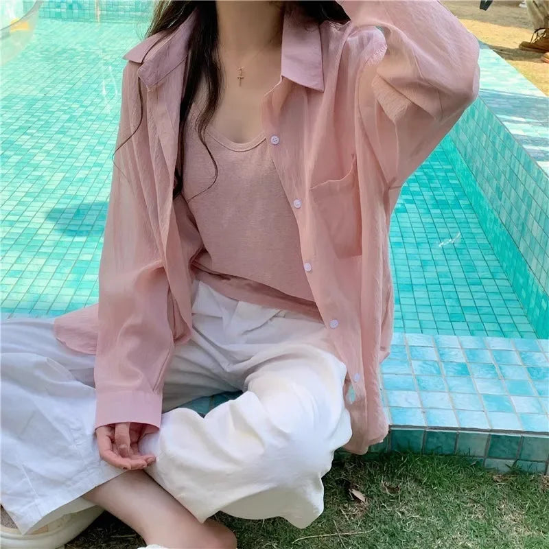 Sheer Knit Blouse – See-Through Loose V-Neck Top