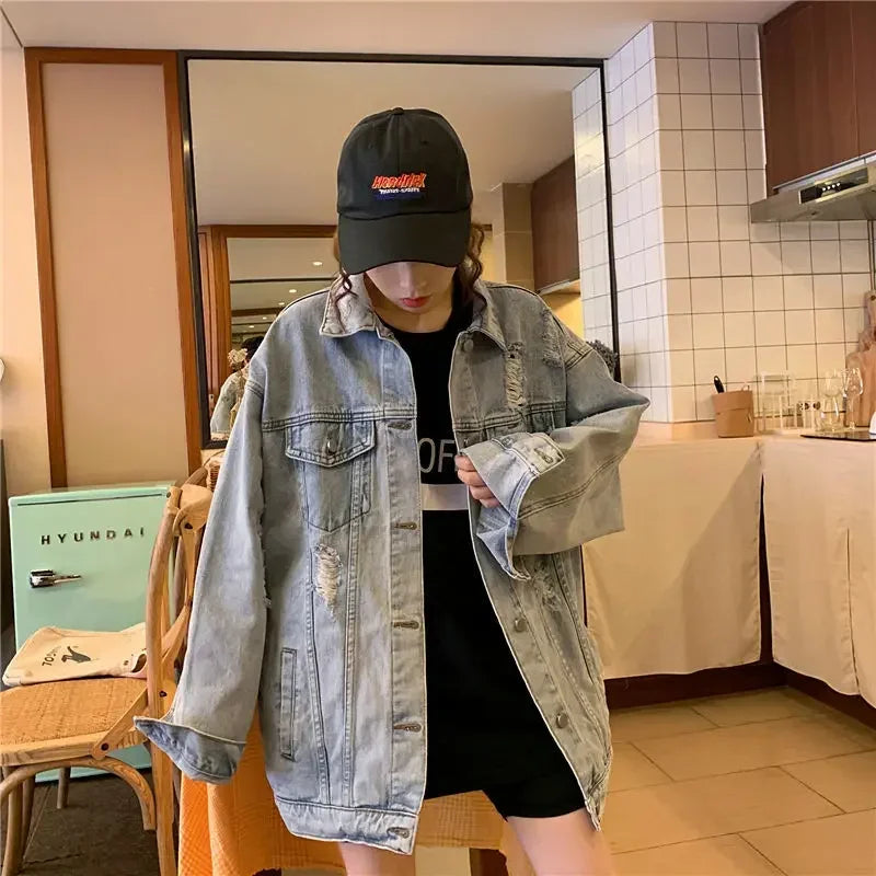 Ripped Oversized Denim Jacket – Vintage Wash