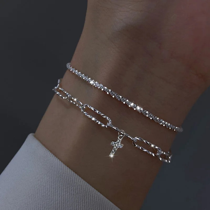 925 Sterling Silver Double Layered Bracelet Set