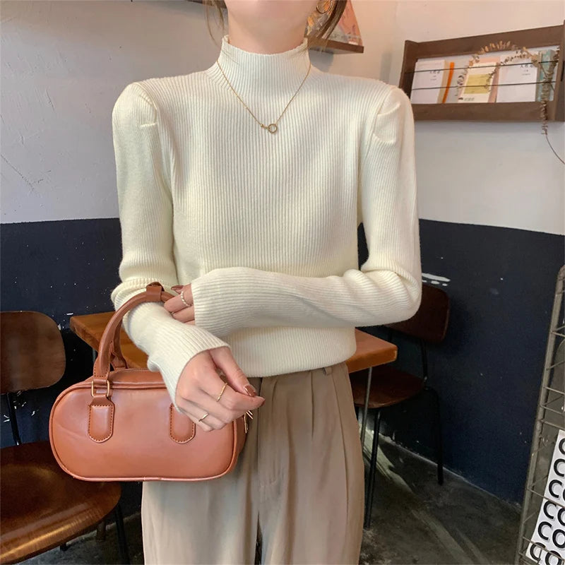 Puff Sleeve Knit Sweater – Half-High Collar, Loose Fit