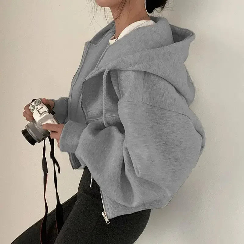 Cropped Hoodie Jacket – Zip-Up Oversized Sweatshirt