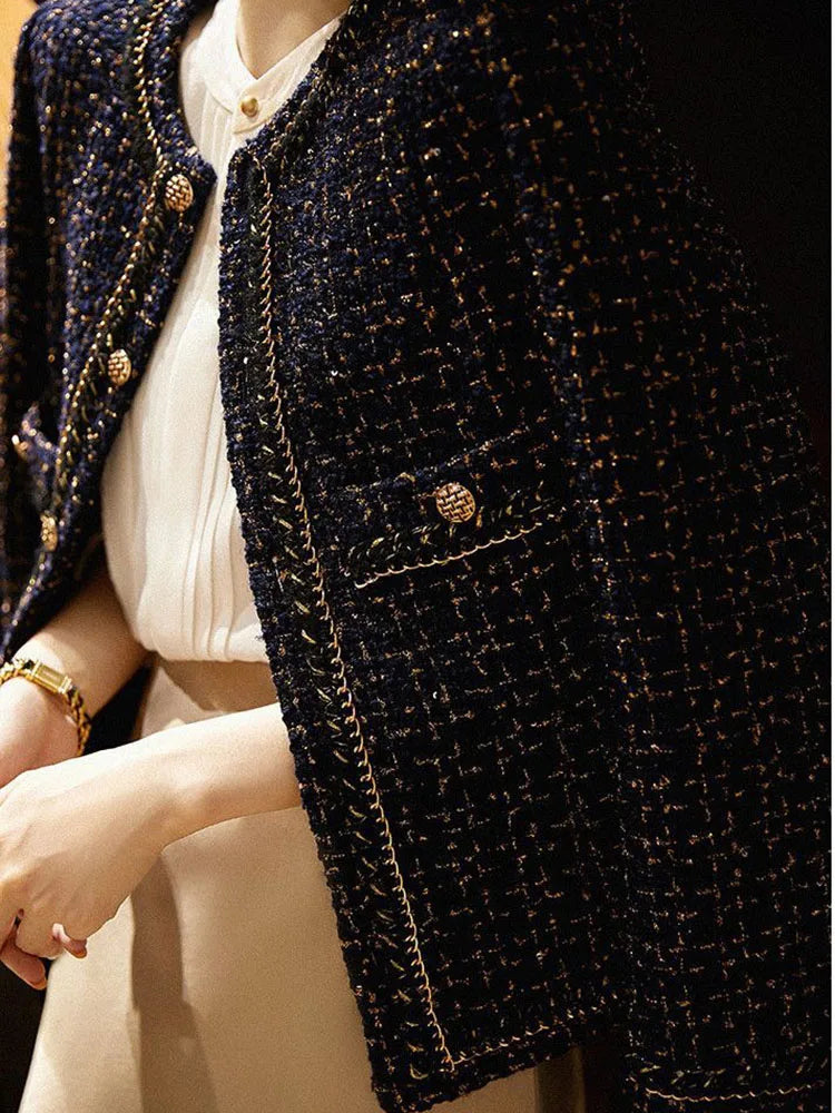 Tweed O-Neck Crop Jacket – Elegant Black Blazer