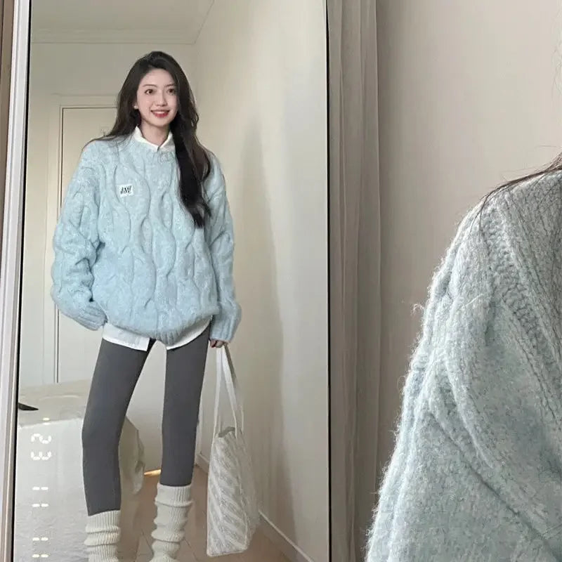 Vintage Twist Knit Sweater – Long Sleeve Pullover, Loose Fit