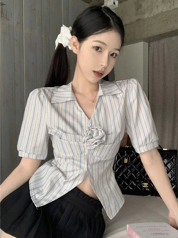 3D Floral Sweet Striped Blouse – Summer Vintage