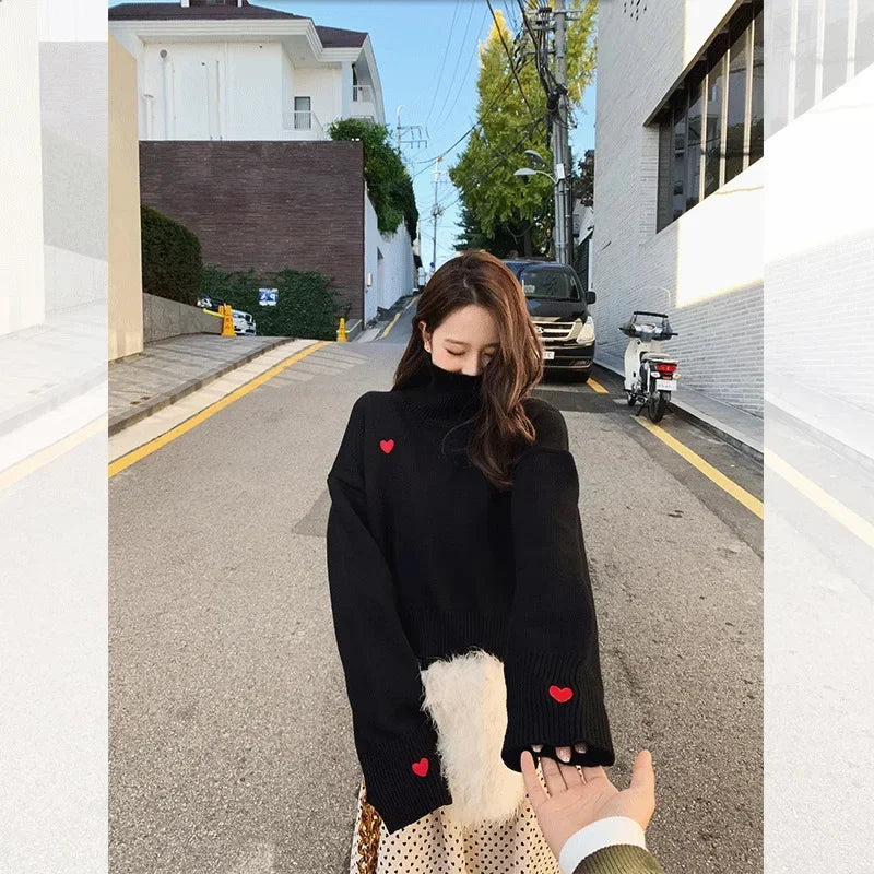 Heart Embroidery Turtleneck Sweater – Thick Warm Knit