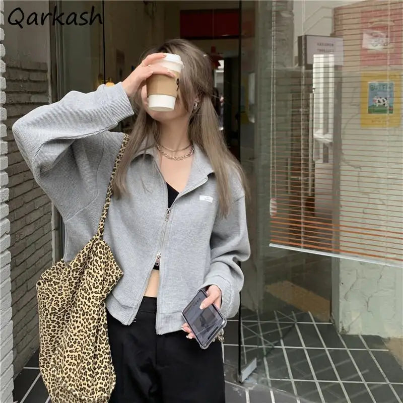 Zip-Up Crop Jacket – Casual Turn-Down Collar