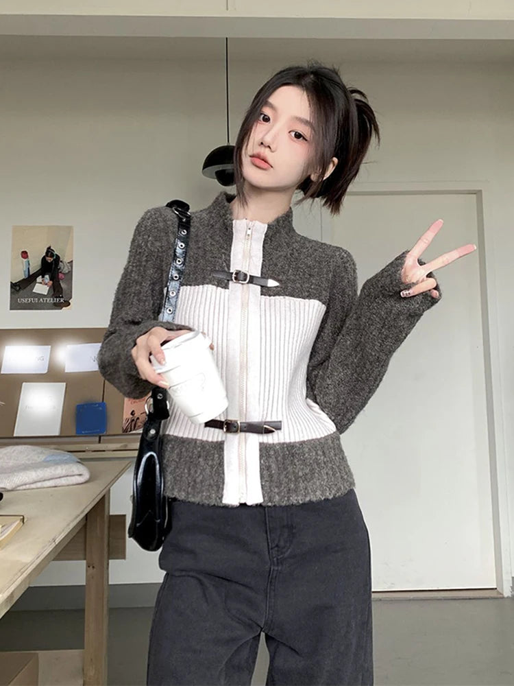 Patchwork Knit Cardigan – Casual Streetwear V-Neck Top