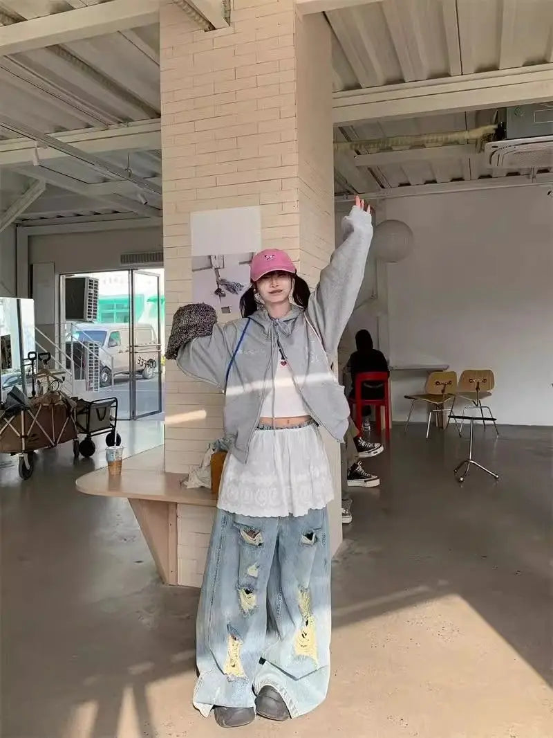 Oversize Vintage Ripped Wide-Leg Jeans – Casual Baggy Denim Pants