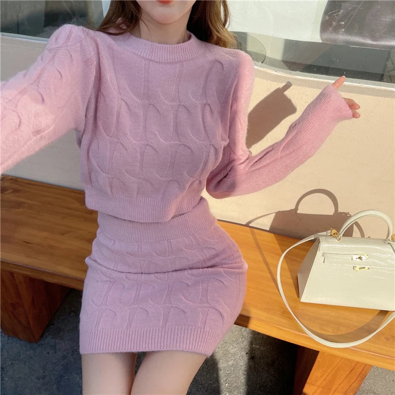Knitted Two-Piece Set – O Neck Sweater Crop Top + Mini Skirt