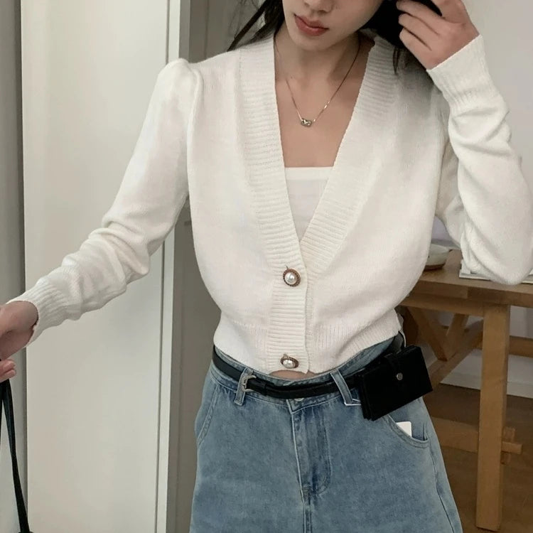 Lantern Sleeve Cardigan – Button V-Neck Knit Top