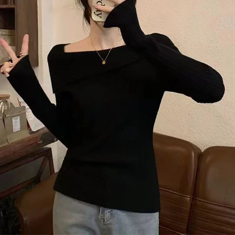 Slim Off-Shoulder Slash Neck Knit Sweater – Long Sleeve