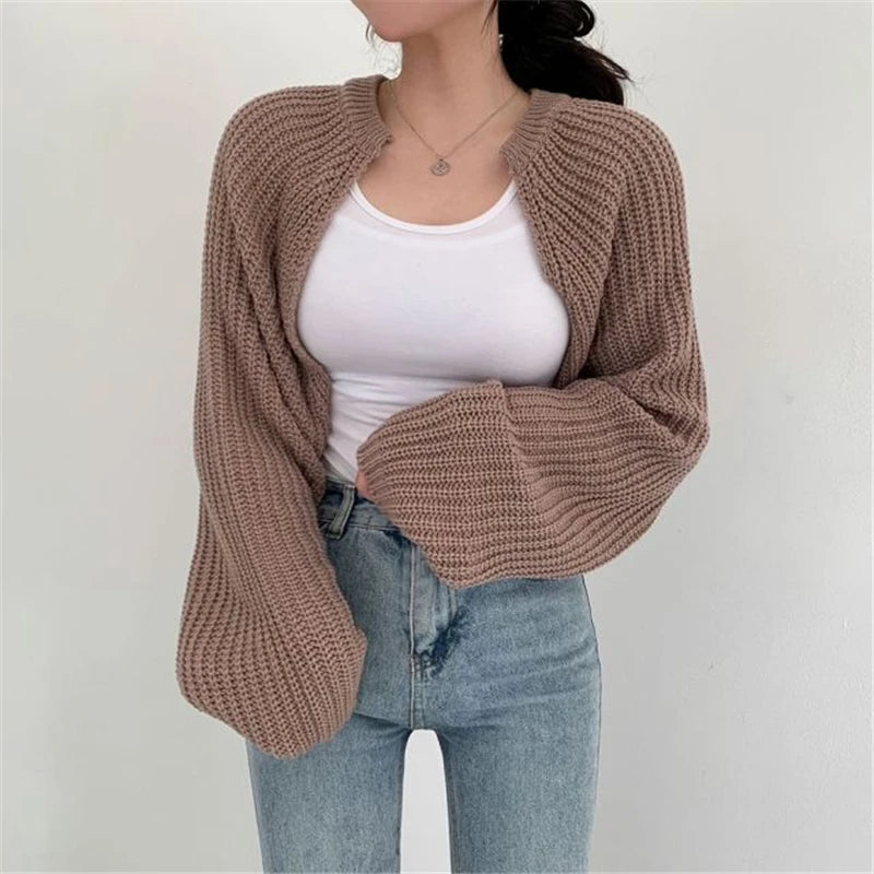 Slim Short Knit Cardigan – Lantern Sleeve Crop Fit